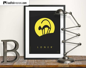 Loner Print, Cat in the Moon, Stray Cat, Meow, The Ways of Cats, Comic Style, Black and Yellow, Digital Art, Vector Illustration, Luna, Gift