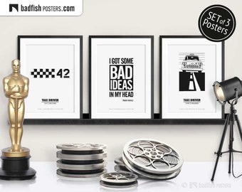 Set of 3 Movie Posters, Taxi Driver 42, Bad Ideas Quote, Taxi Driver Cab, Cinephilia Collection, Alternative Movie Prints, B&W Minimal, Gift