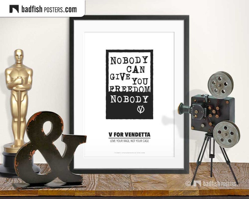 V For Vendetta Print, Alternative Movie Poster, Minimal B&W WallArt, Freedom Quote, Nobody Can Give You Freedom, Movie Fans Gift Bild 1