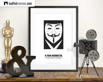 V For Vendetta Print, Alternative Movie Poster, Minimal WallArt, Black & White, Freedom Mask, V Masked Vigilante, Freedom, Movie Fan Gift