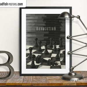 Revolution Print, Chess Poster, Black & White, Wall Art, Digital Art, Decor, Chess Figurines, Pawns, King, Strategy Game, Vector Art, Gift