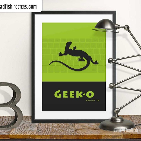 Geeko Geek Print, Modern Graphic Style Poster, Gecko, Vector Illustration, Computer Geek, Minimalist Design, Cosmopolitan Art, Digital Art