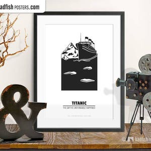 Titanic Print, Alternative Movie Poster, RMS Titanic, Iceberg Collision, Movies, Gift, Quality Prints, Black & White, Minimal Cine Wall Art image 1