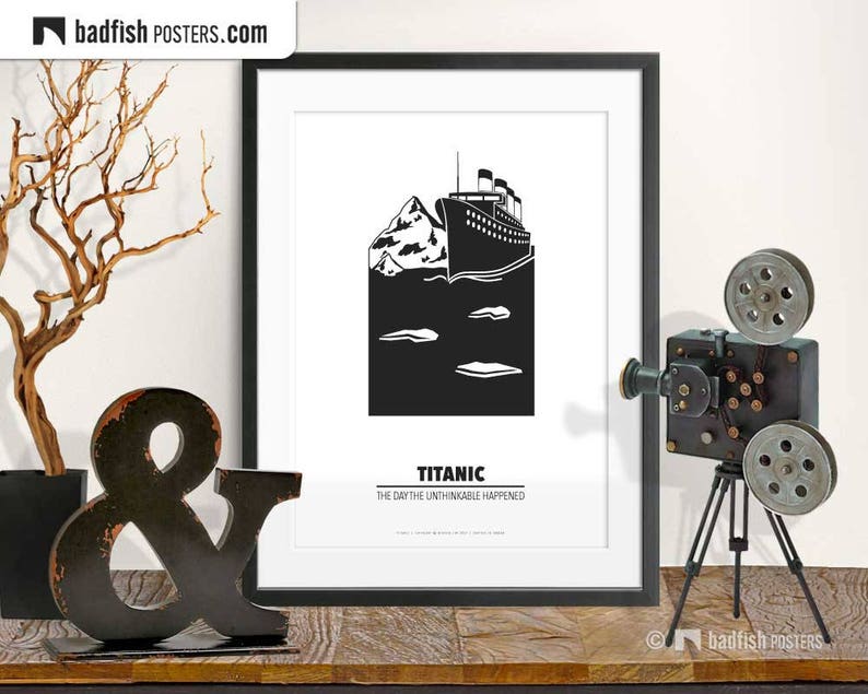 Titanic Print, Alternative Movie Poster, RMS Titanic, Iceberg Collision, Movies, Gift, Quality Prints, Black & White, Minimal Cine Wall Art image 1