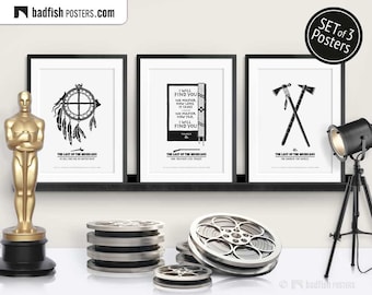 Set of 3 Movie Posters, The Last Of The Mohicans Collection, Medicine Wheel, Find You Quote, Tomahawks, B&W Minimal, Alternative Movie Print