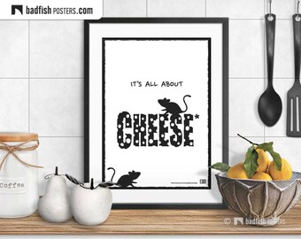 It’s All About Cheese Print, Swiss Cheese, Two Mice, Life, Comic Style Print, Funny Illustration, Black & White Quality Prints, Student Gift