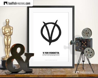 V For Vendetta Print, Alternative Movie Poster, Minimal Wall Art, Black & White, V Signature, Freedom, Justice, Movie Fans Gift