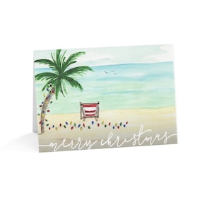 Confezione di biglietti di auguri di lusso per Natale e Capodanno, opere d'arte originali in acquerello, set di biglietti di auguri vuoti per le vacanze sulla spiaggia tropicale, buone feste.