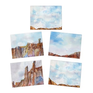 Cartões comemorativos, design em aquarela do sudoeste, pacote com 5, conjunto de papelaria para todas as ocasiões, cartões de anotações em branco feitos à mão, arte de grandes rochas e céus