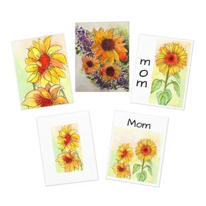 Sonnenblume Aquarell Grußkarten, 5er Pack - Muttertag, Geburtstag, innen leer, Briefpapier Set, handgemachte Karte, Floral Danke