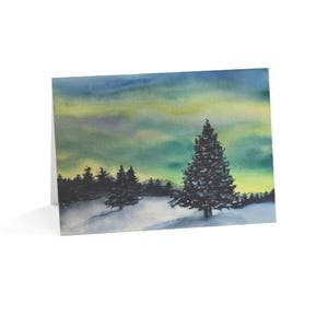 Watercolor Greeting Cards, Snowy Wintery Northern Lights Design -Holiday Cards, Christmas Cards, Snowscape Cards, Winter Stationery,