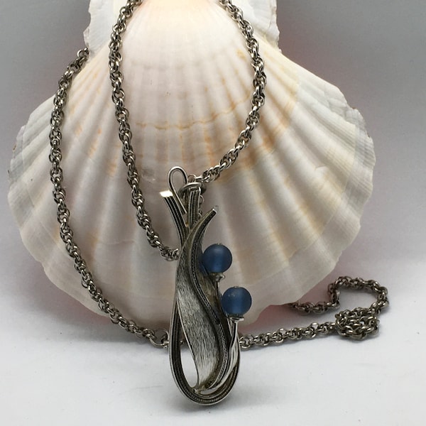 Whiting & Davis Vintage Silver Pendant Necklace Blue Stone Signed Long