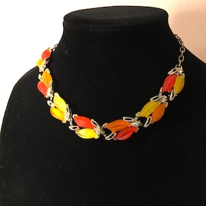 Vintage Lucite Bright Orange and Yellow Leaf Lucite and Rhinestone Necklace Rare Find Colorful 1960s