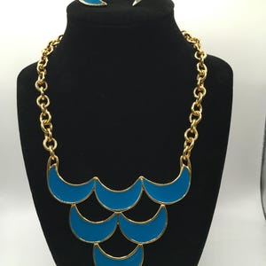 Vintage Monet Gold Tone Bib Necklace with Blue Enamel Earrings Set