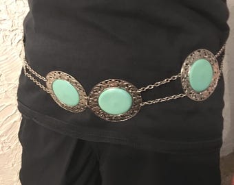 Vintage Silver Metal and Faux Turquoise Chain Belt 35  Inches Long  Bohemian