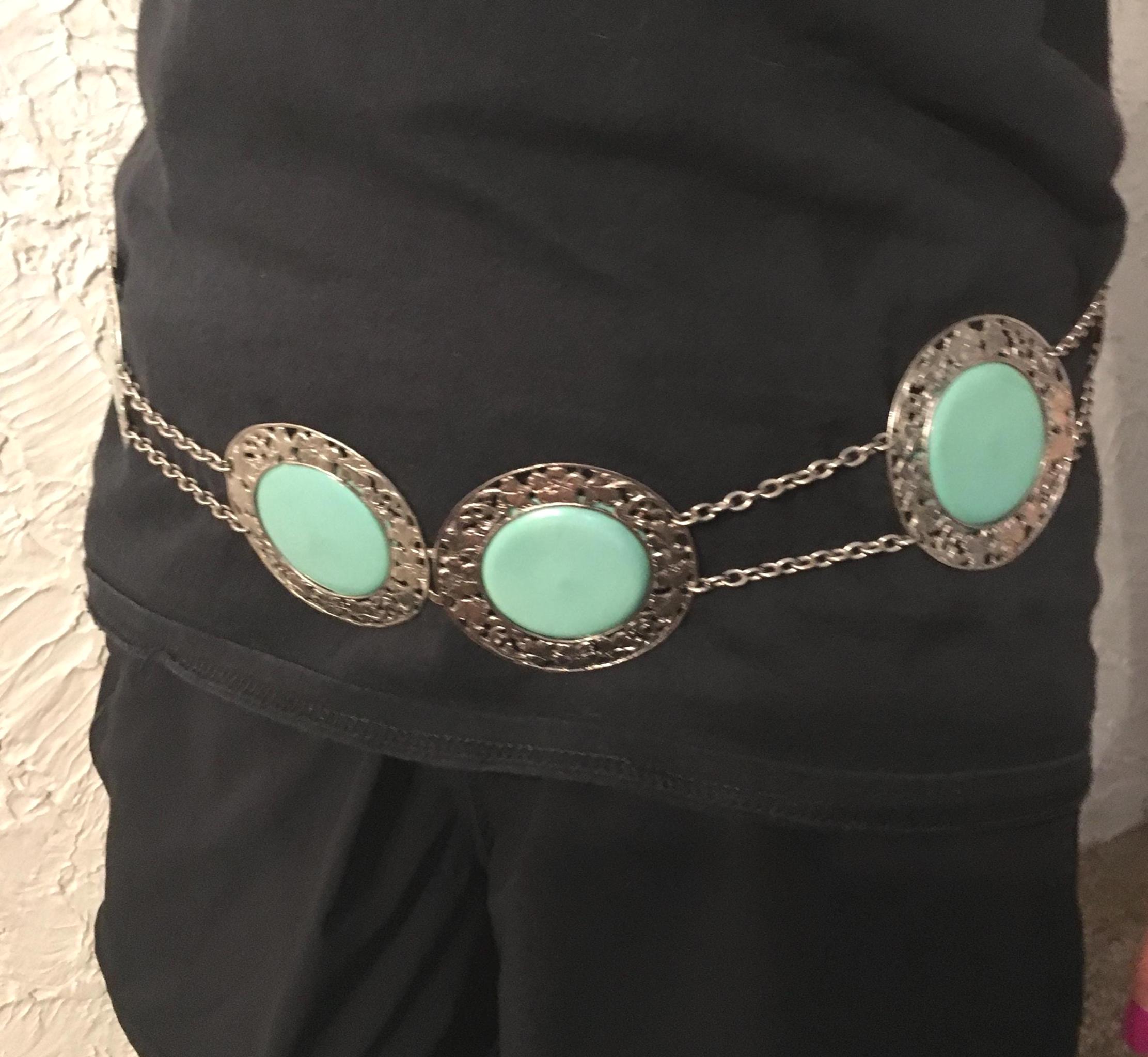 Vintage Silver Metal and Faux Turquoise Chain Belt 35 Inches 
