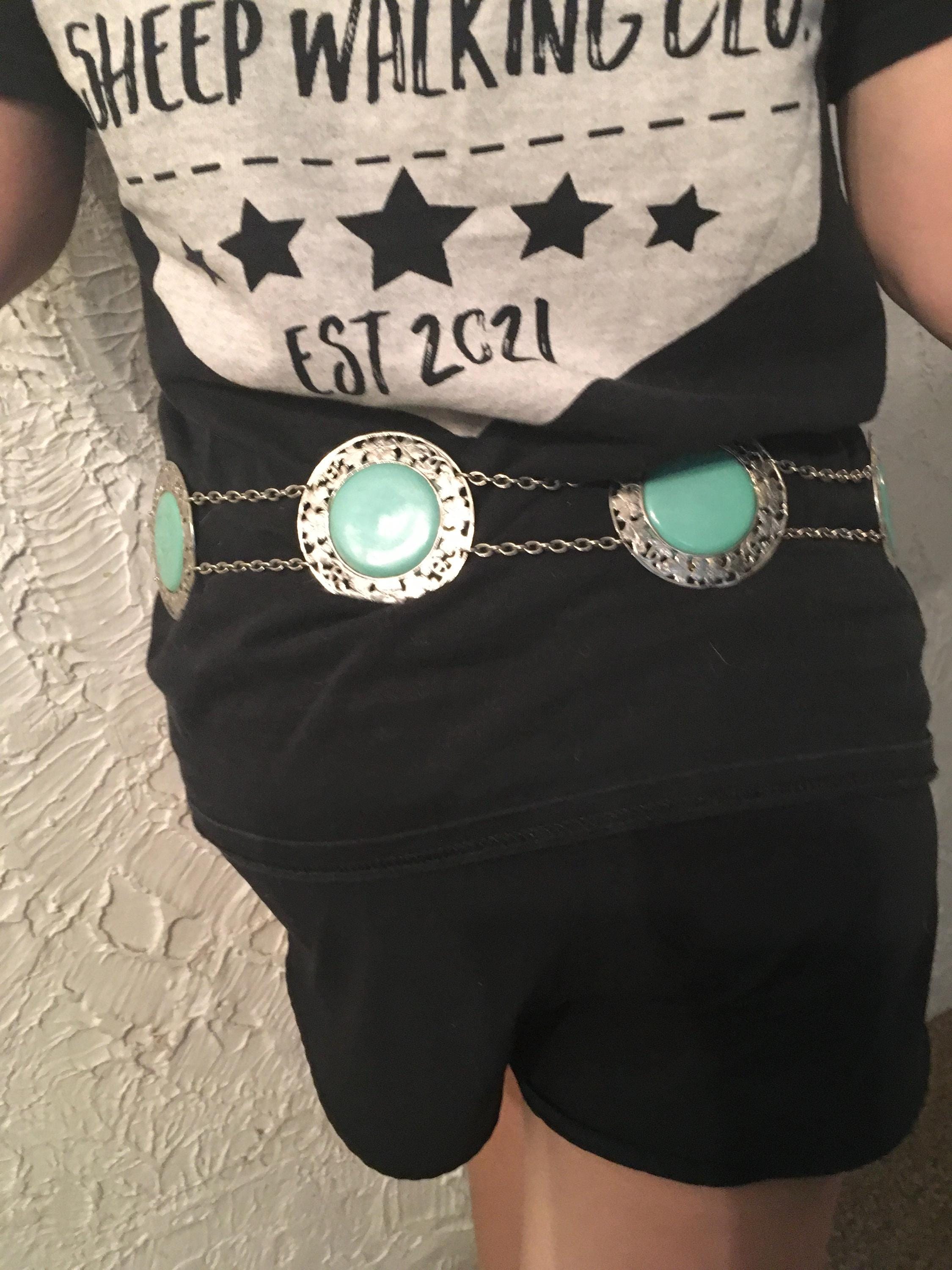 Vintage Silver Metal and Faux Turquoise Chain Belt 35 Inches 