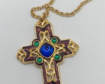 Vintage Avon Large Colorful Enamel Cross Pendant  Necklace 30" Chain
