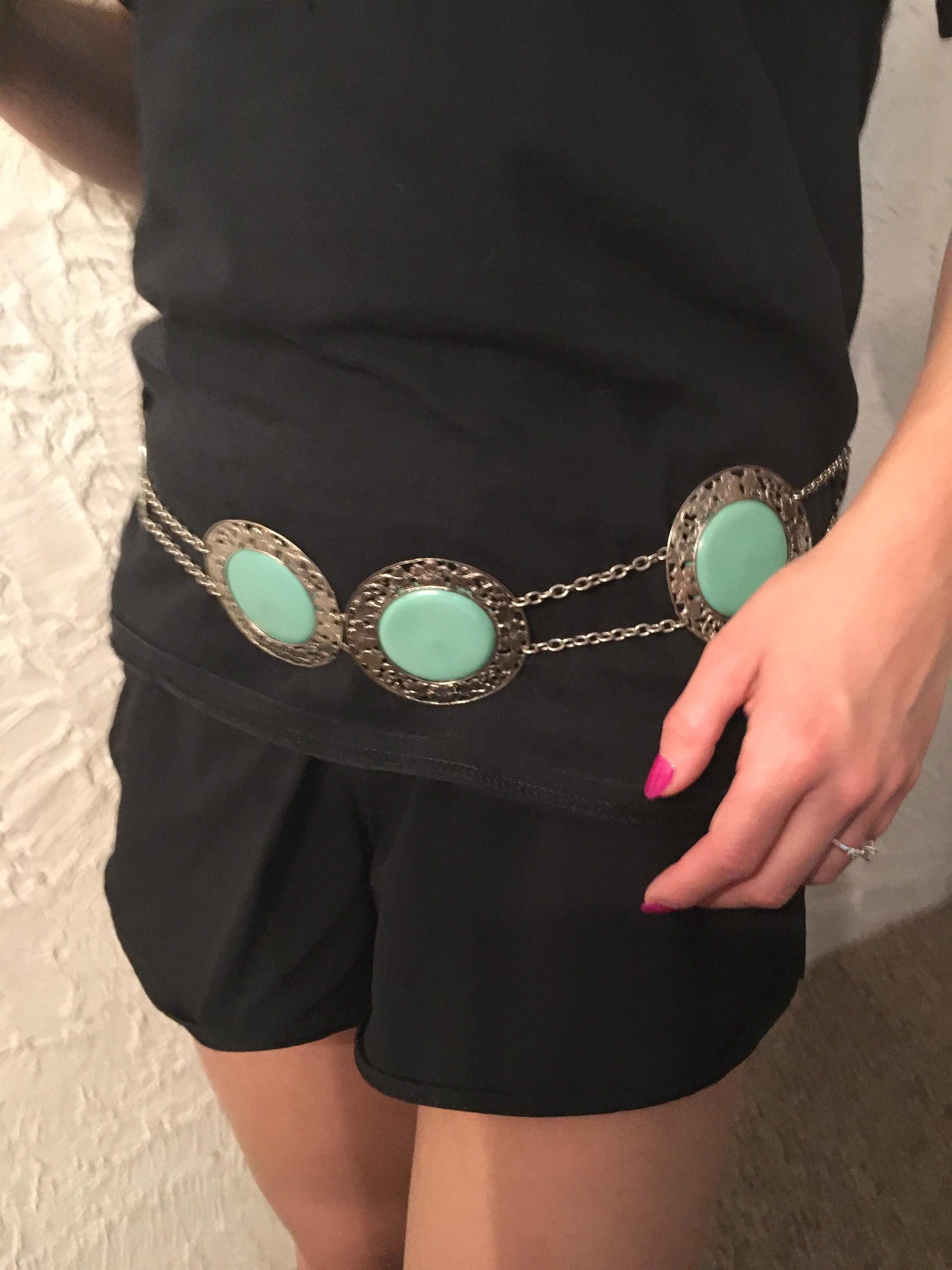 Vintage Silver Metal and Faux Turquoise Chain Belt 35 Inches  display picture 2