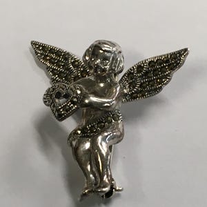 Vintage Sterling Silver Cherub Angel holding Heart Filigree Brooch/ Pin Valentines Day