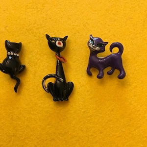 Vintage Enamel Black Cat Brooches - Halloween Lot of 2