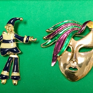 Vintage Lot of 2 Brooches / Pins Clown Jester Moveable Brooch and Mardi Gras Carnival Mask Brooch