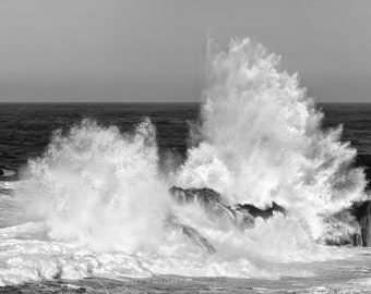 Coastal Crash Black and White Ocean Wave Print, Seascape Fine Art
