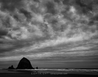 Haystack Rock Seascape Photograph, Black and White Beach Wall Art