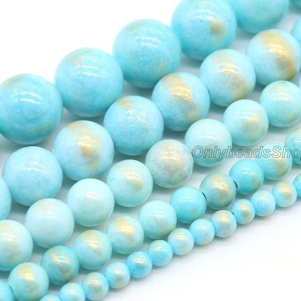 High Quality Beads,Light Blue with Gold Powder Beads,Round Gemstone Beads, Unique Semi Precious Smooth Beads, 4mm 6mm 8mm 10mm 12mm-STN00166
