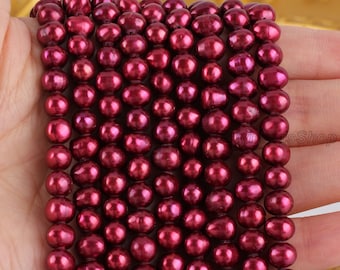 6-7mm Wine Red Round Freshwater Pearls, Deep Red Potato Freshwater Pearls, Dark Red Round Pearl Beads, Pearl Necklace Material, BHY004-5