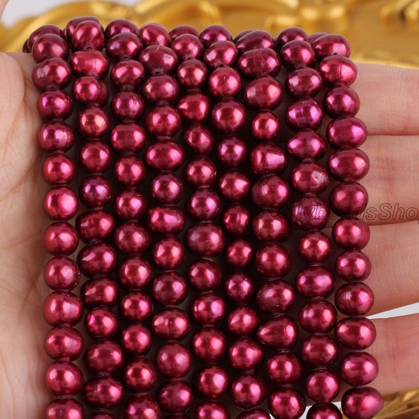 6-7mm Wine Red Round Freshwater Pearls, Deep Red Potato Freshwater Pearls, Dark Red Round Pearl Beads, Pearl Necklace Material, BHY004-5