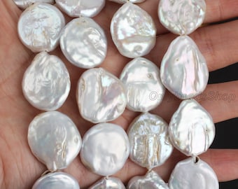 19x21mm Natural White Keshi Freshwater Pearls,Flat Coin Pearl Strand,DIY,Jewelry Making-Approx 20pcs-NK001-3