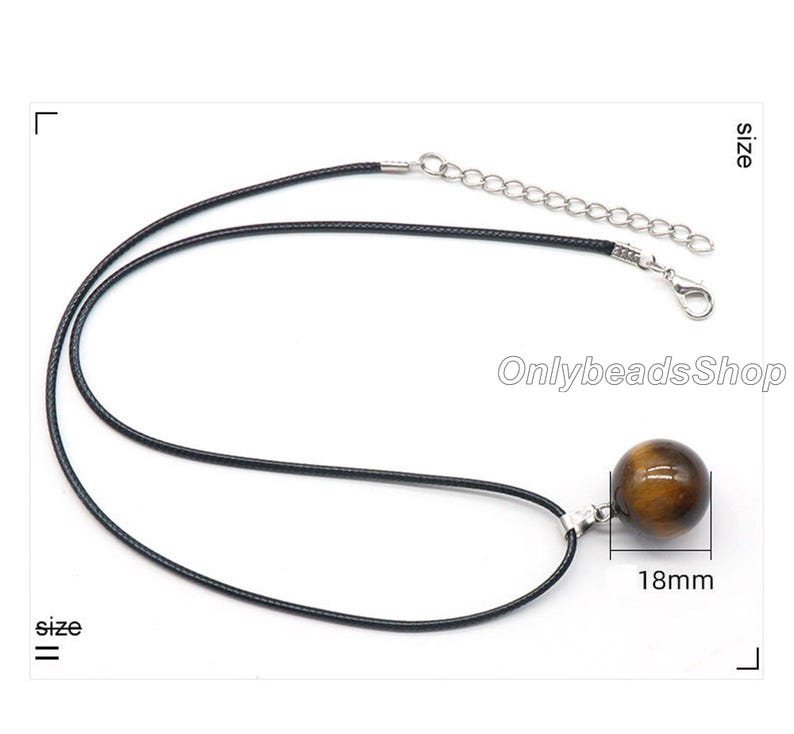 May include: A black leather cord necklace with a silver clasp and a 18mm round tiger's eye gemstone pendant. "OnlybeadsShop" and "size 18mm" are printed on the image.