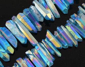 Blue Mystic Coated Titanium Quartz Point Beads, Electroplated Quartz Crystal Beads, Top Drilled Beads, 15 inch full strand NS-165