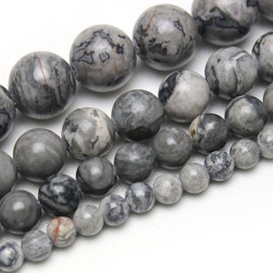 Nayutal - Pierre de carte grise, Jaspe gris dentelle, Perles de pierres semi-précieuses, Vente en gros de pierres précieuses, Fabrication de bijoux, DIY-4 mm 6 mm 8 mm 10 mm 12 mm-STN00185