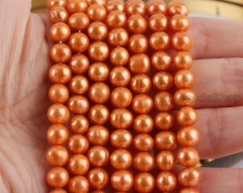 7-8mm Orange Pearl Strand, Fresh Water Pearl Off Round Potato Pearl Beads for DIY Jewelry Making Findings, Pearl Jewelry Making, BHY003-3