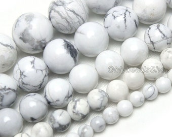 Genuine Natural White Turquoise Beads,Loose Round Semi Precious Smooth Beads,Howlite White Turquoise Gemstone Beads,4mm 6mm 8mm 10mm 12mm