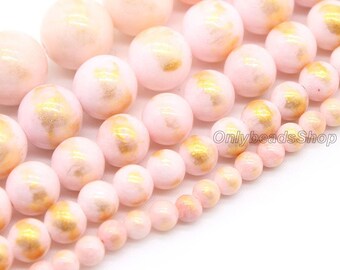 High Quality Beads,Lotus Pink with Gold Powder Beads, Round Gemstone Beads,  Unique Semi Precious Smooth Beads, 4mm 6mm 8mm 10mm 12mm