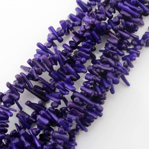 3 x 15 mm Perles de corail teintées en violet, Fournitures de perles de corail teints, Perles de corail en gros, Branche de corail pour la fabrication de bijoux, brin complet 15"-NS-032