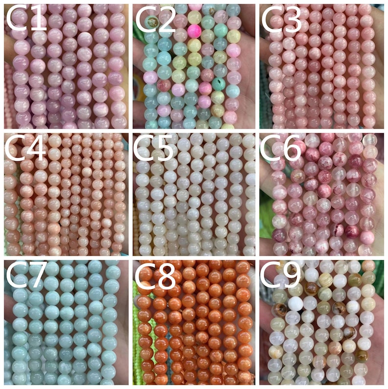 Puede incluir: Nueve hilos de cuentas de piedras preciosas en varios colores. Las cuentas son redondas y parecen tener aproximadamente 6 mm de di&aacute;metro. Los colores incluyen rosa claro, verde, melocot&oacute;n, blanco, naranja y una mezcla de rosa y rojo.