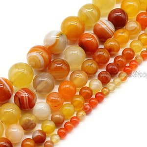 Genuine Natural Orange Striped Agate Beads,Loose Smooth Round Agate Beads,Orange Semi Precious Gemstone,DIY Jewelry,4mm 6mm 8mm 10mm 12mm