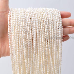 Puede incluir: Una colección de cuentas de perlas blancas cremosas, de forma ovalada. Las cuentas están ensartadas, formando múltiples hebras. La imagen está bien iluminada, resaltando el brillo de las perlas. El texto "OnlybeadsShop" es visible en la esquina inferior derecha.
