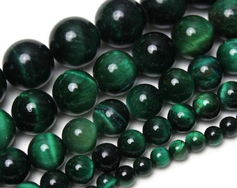 Perles vertes en oeil de tigre, véritables pierres semi-précieuses naturelles rondes de qualité 3A, 4 mm 6 mm 8 mm 10 mm 12 mm-STN00115