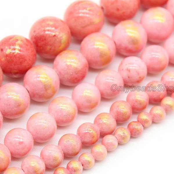 Peach Pink and Gold Jade Bead,Loose Mountain Jade Bead Supply,Wholesale Round Gemstone Bead,Jewelry Making,DIY Jewelry-4mm 6mm 8mm 10mm 12mm