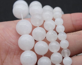 White Chalcedony Round Beads, Polished Ice Quartz Beads for Jewelry Making