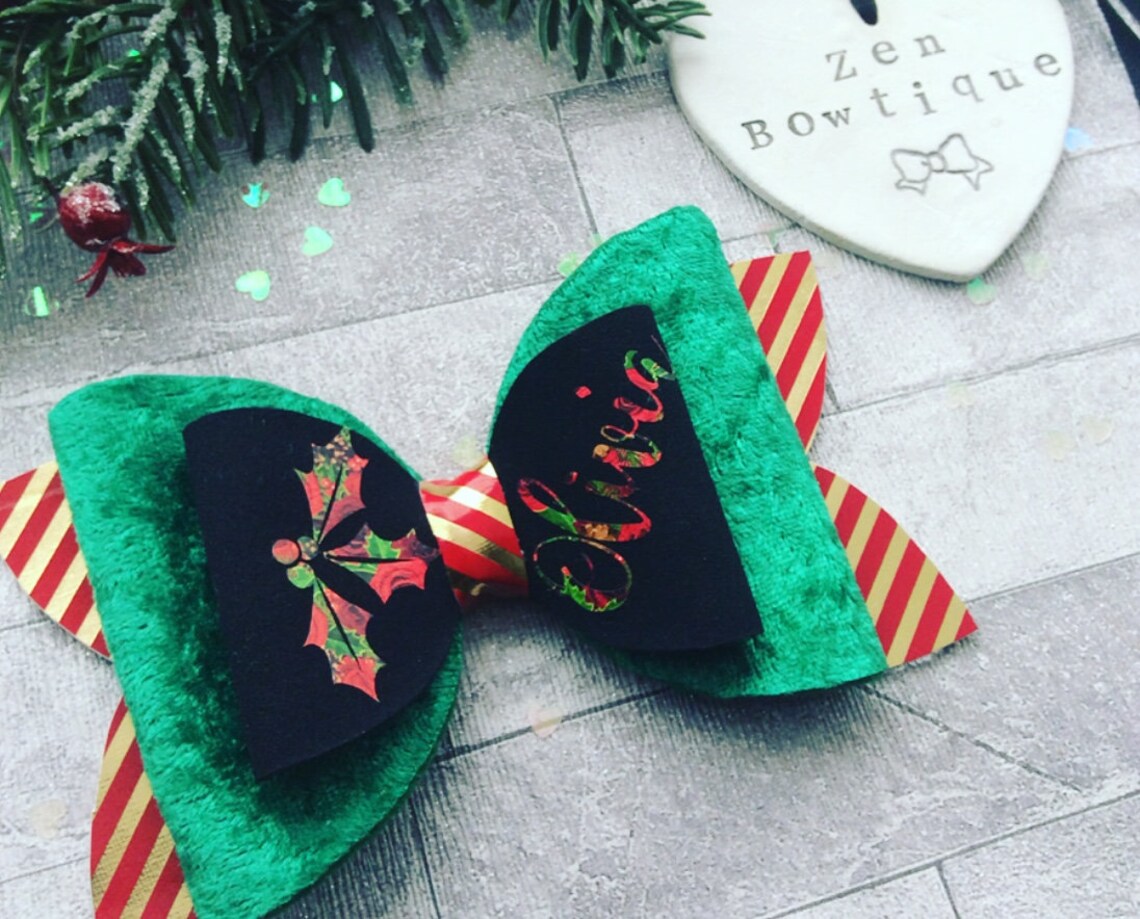 Christmas Extra Large 6inches Black Green and Red Hair Bow. image 0