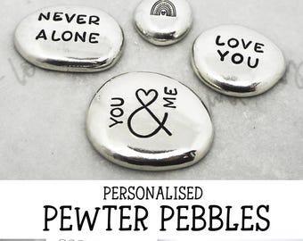 Personalised Pewter Pebble, Pocket Hug, Hand Stamped, Worry Stone, Long Distance Letterbox Gift, Thinking of You, Travel Keepsake, Custom