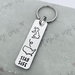 Personalised Travel Map Keyring, Hand Stamped Keychain, Long Distance Gift