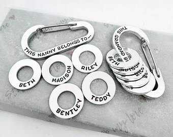Personalised Carabiner Keychain, Custom Name Discs, Aluminium Hand Stamped Gift