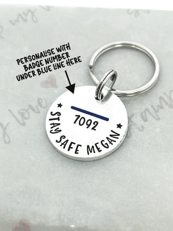 Personalised Police Officer Gift, Thin Blue Line Badge Number Gift, Policeman Policewoman Keyring, Stay Safe Cop Hand Stamped Constable Gift